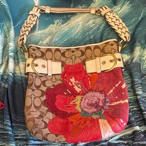 Authentic Coach Signature Shoulder Bag with Red and Pink Poppy *unicorn*